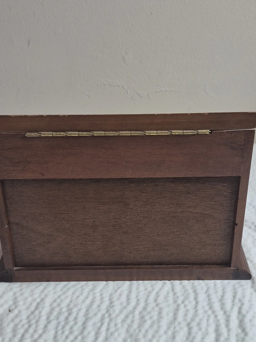 Vintage Wood Jewelry Box w/ Mirror, Floral Glass Lid, Drawers, Brown 11in 25+ pc